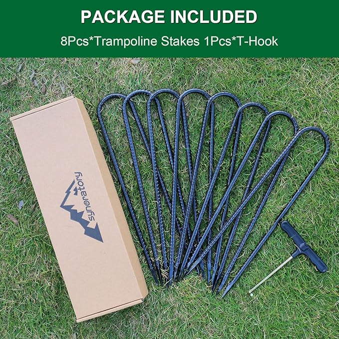 Trampoline Stakes Anchors Trampoline Accessories Wind Stake 12 Inch Heavy Duty High Wind Stake Safety Ground Anchor Galvanized Steel Wind Stakes (8Pcs, Black)