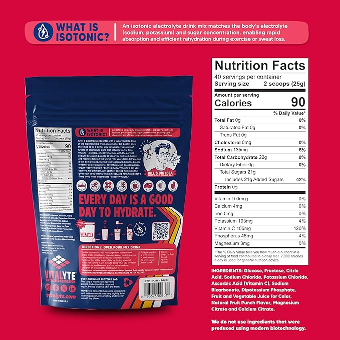 Vitalyte Electrolyte Powder Drink Mix, Isotonic Electrolyte Hydration Mix, Bulk Case Pack (12 Pack, Fruit Punch)