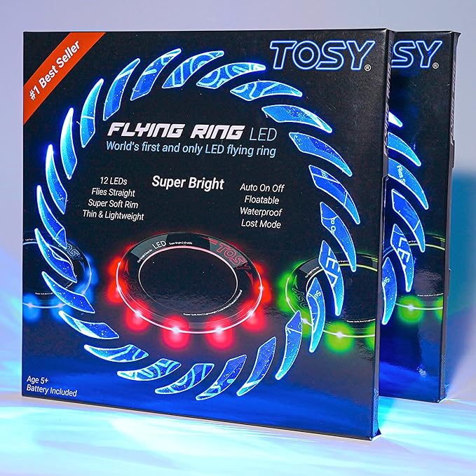 TOSY Flying Ring - 12 LEDs, Super Bright, Lost Mode, Auto Light Up, Camping Essentials for Kids/Teens/Boy/Girl, Safe & Soft, Waterproof, Pool/Beach Games, Lightweight Toy, 2-Pack (Blue)