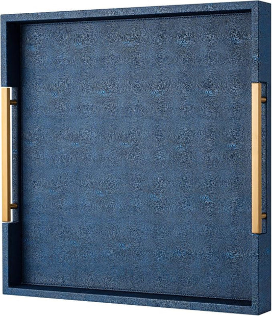 Navy Blue Faux Leather Large Square Decorative Serving Tray with Handles – for Coffee Table, Ottoman, Living Room, Bathroom & Home Decor