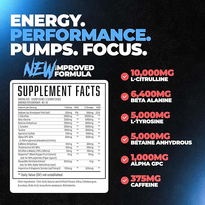 Wrecked Pre Workout Powder, Advanced Formula, Boosts Energy, Focus, Pumps & Performance, 10g L-Citrulline, 6.4g Beta Alanine, 5g Tyrosine, 1g Alpha GPC, 375mg Fast-Acting Caffeine & More (40 Servings)