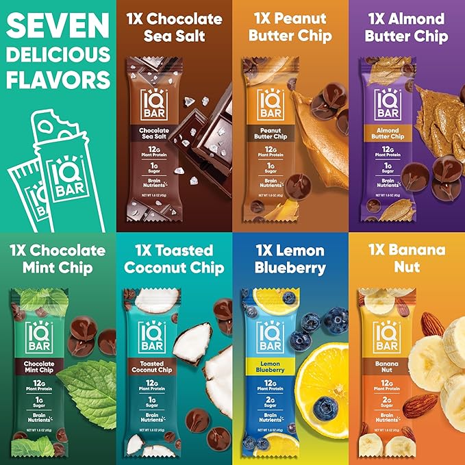 IQBAR Brain and Body Plant Protein Bars - 7 Bar Sampler Pack - Gluten Free, High Fiber, Vegan Snacks - Low Sugar Meal Replacement