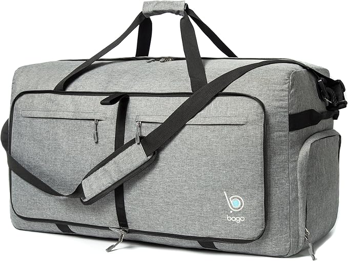 Bago Big XXL Foldable Duffel Bags for Traveling Women & Men - 140L Packable Duffle Bag for Travel with Shoe Compartment - Water Repellant, Heavy Duty, Lightweight Folding & Collapsible (SnowGray)