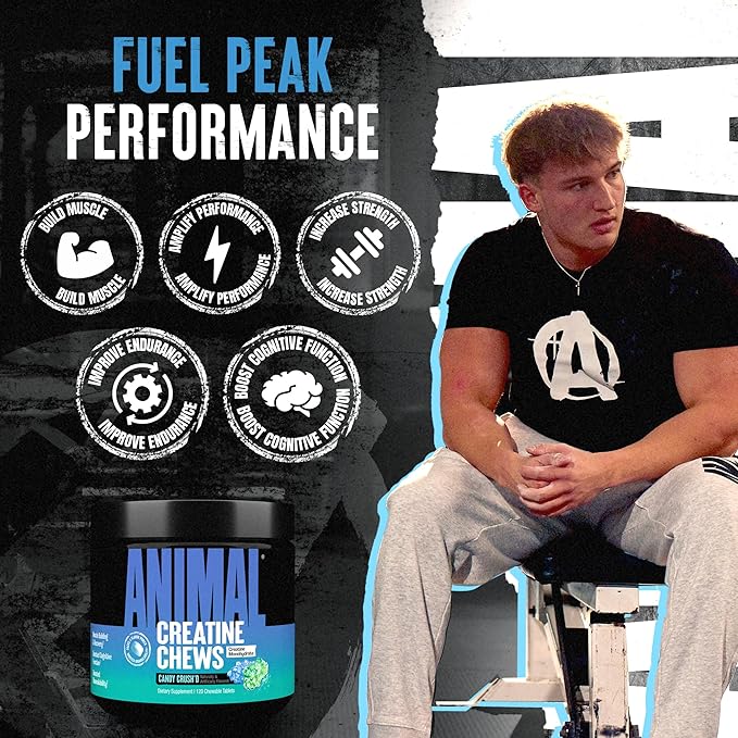 Animal Creatine Chews – Enhanced Creatine Monohydrate Chewable Tablets with AstraGin & Sea Salt, Max Absorption Pre Post-Workout, Lean Muscle Growth, Strength & Recovery, New Flavor Candy Crush’d
