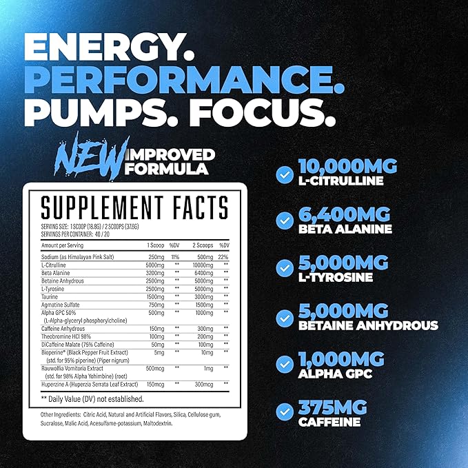 Wrecked Pre Workout Powder, Advanced Formula, Boosts Energy, Focus, Pumps & Performance, 10g L-Citrulline, 6.4g Beta Alanine, 5g Tyrosine, 1g Alpha GPC, 375mg Fast-Acting Caffeine & More (40 Servings)