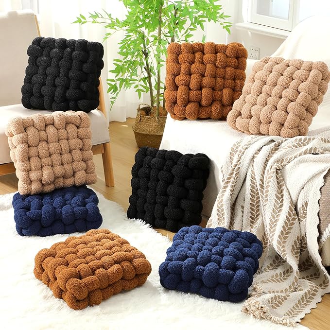 Wenqik 2 Pcs Knot Pillows Square Knotted Plush Throws Soft Accent Pillows Decoration Cushion for Couch Home Office Living Room Bedroom Bed Sofa Decor, 12'' x 13''(Navy Blue,Lambswool)
