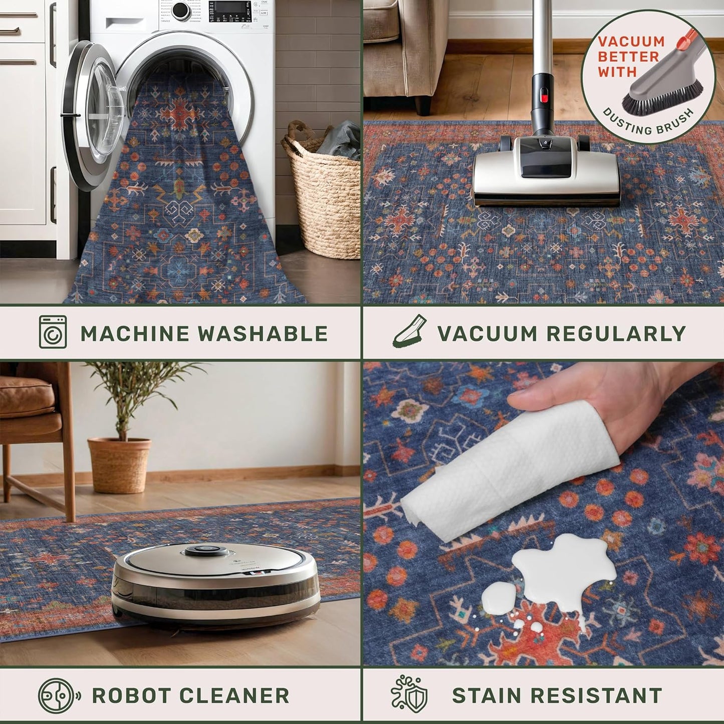 Skiennix Washable 10 Ft Long Hallway Runner Rug - Navy Blue, Pet-Friendly & Waterproof with Non-Slip Rubber Backing