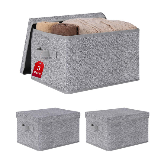 WUIKE Foldable Storage Bins with Lids, Storage Boxes with Handles, Closet Shelf Organizer, Fabric Storage Baskets for Bedroom, Decorative Storage Containers, Large, Ash Gray, 3-Pack