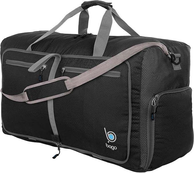 Bago Foldable Duffel Bags for Traveling Women & Men - 60L Medium Packable Duffle Bag for Travel with Shoe Compartment - Water Repellant, Heavy Duty, Lightweight Folding & Collapsible (Black)