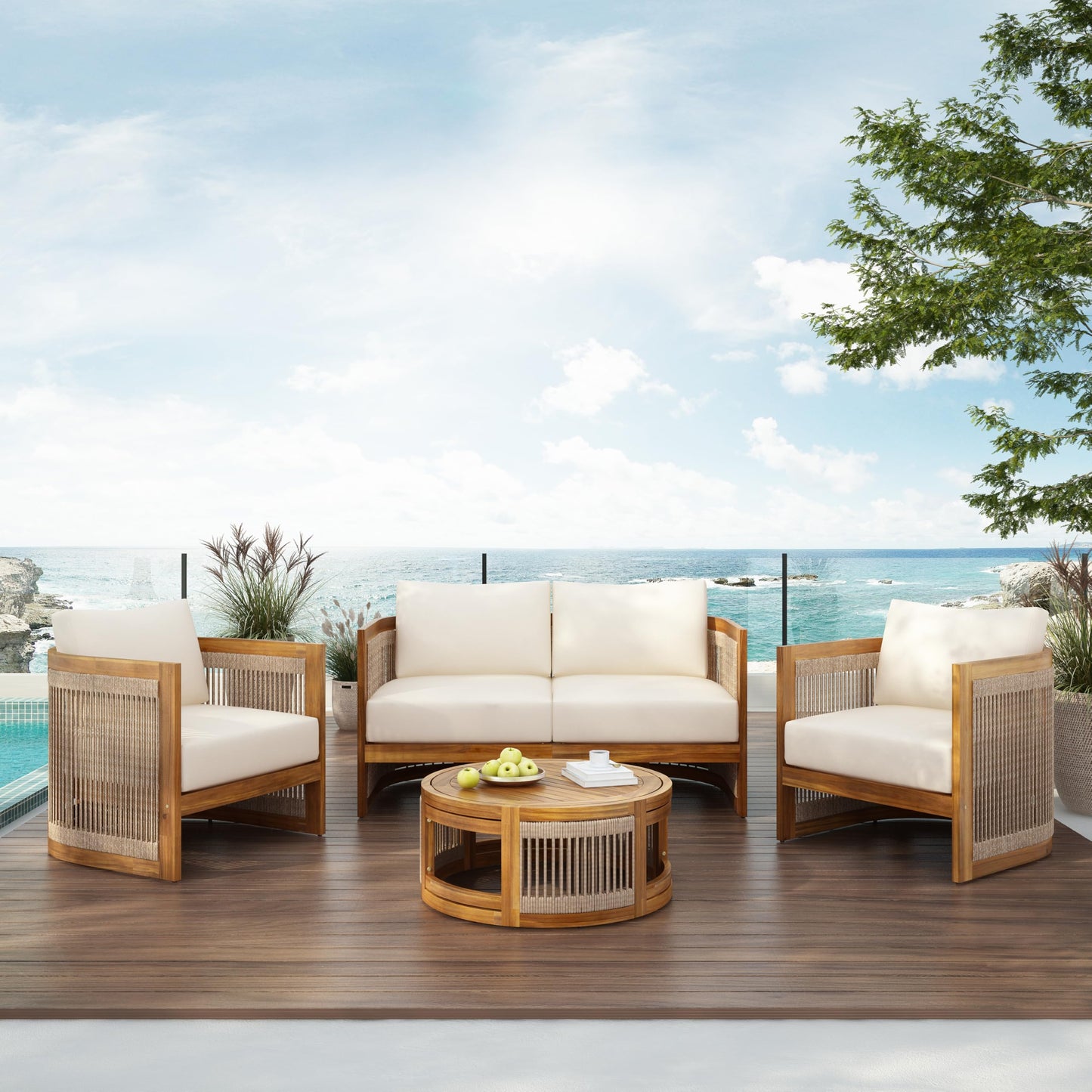 Christopher Knight Home Nesbit 4 Pieces Conversation Set, Acacia Wood Chat Set, Woven Rope Loveseat and Accent Chairs, Slat Panel Coffee Table, Patio Furniture Set for Backyard Balcony Garden, Beige